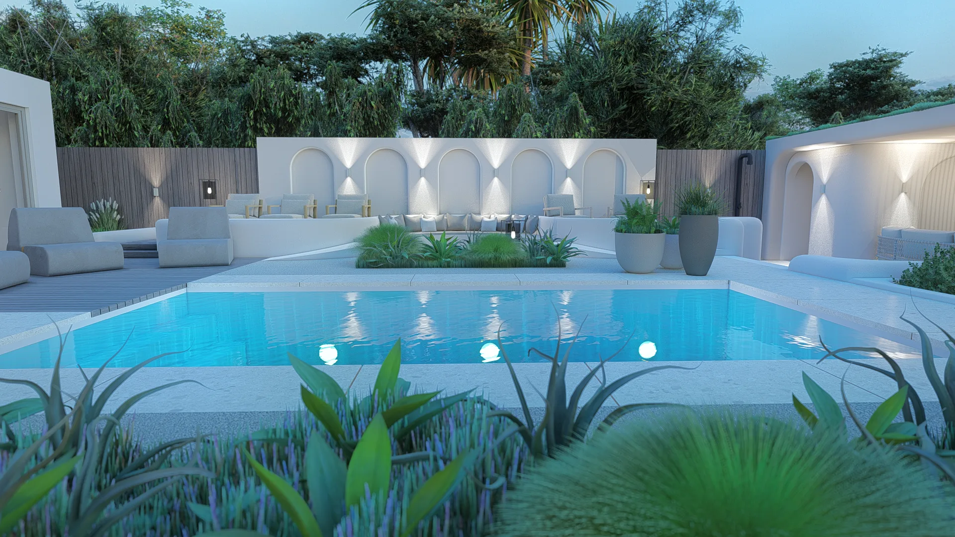 Exclusieve villatuin met loungeterras en sfeerverlichting in Rozendaal